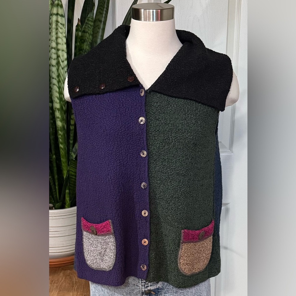 Vintage 90s Colorblock Cotton Knit Vest Indie Artisan‎ Fall Layering